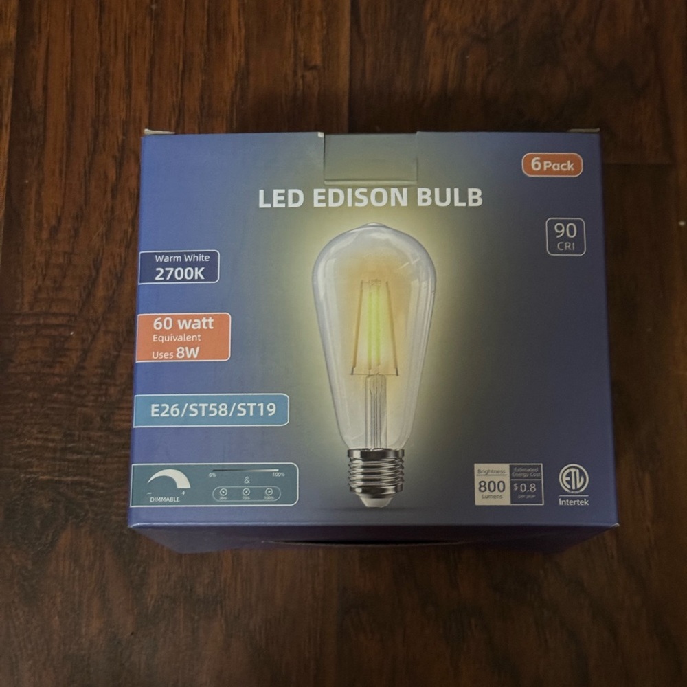 6-Pack LED Edison Bulb E26 ST58 Dimmable Warm White 2700K 60W Equiv 800LM